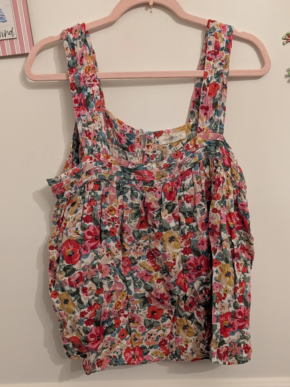 Natural Life Kate Pleated Pink Floral Tank Top Size XL - Picture 2 of 5